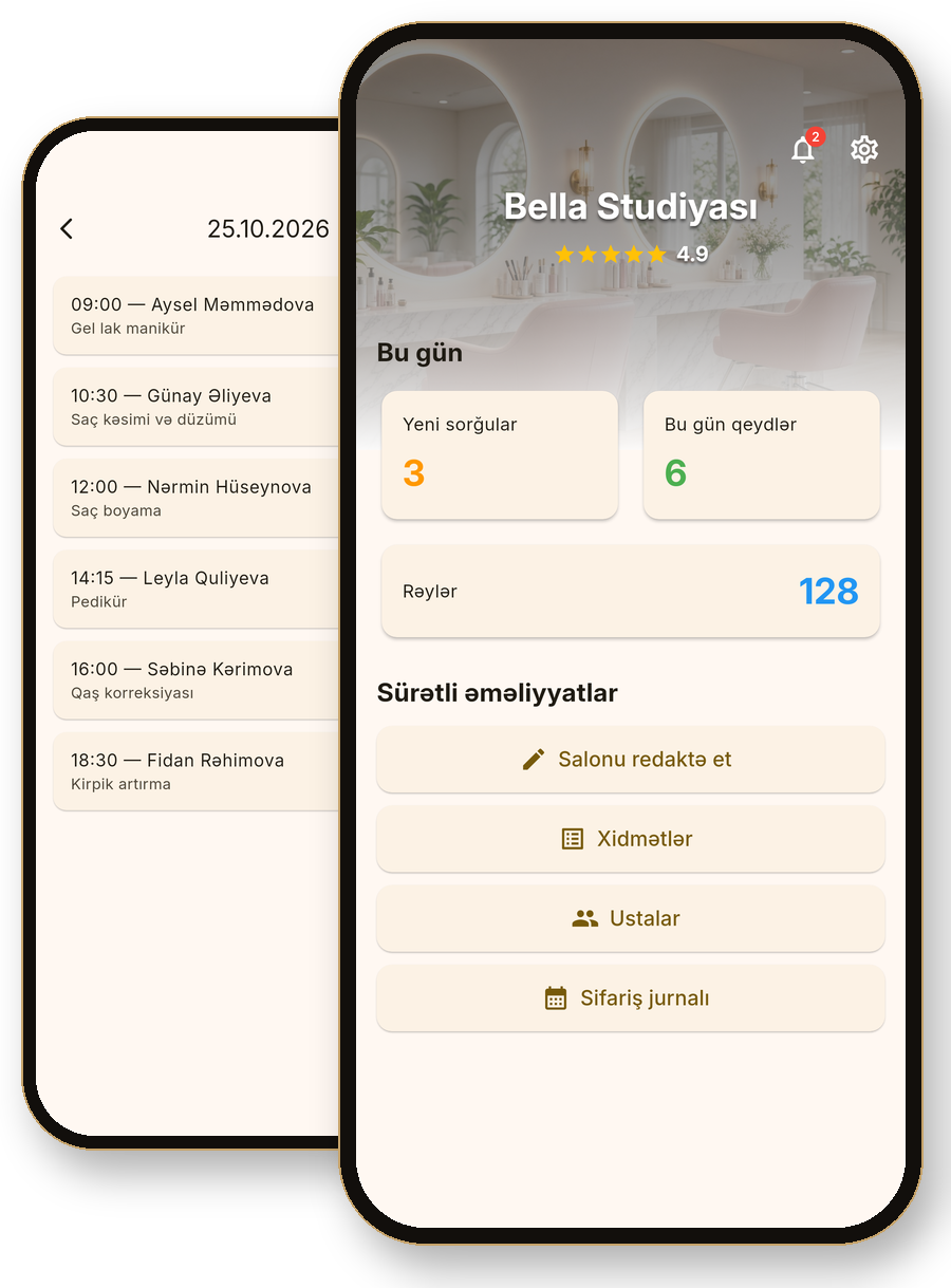 Telefonda T2B Admin tətbiqi: salonun əsas ekranı və günün yazılışları