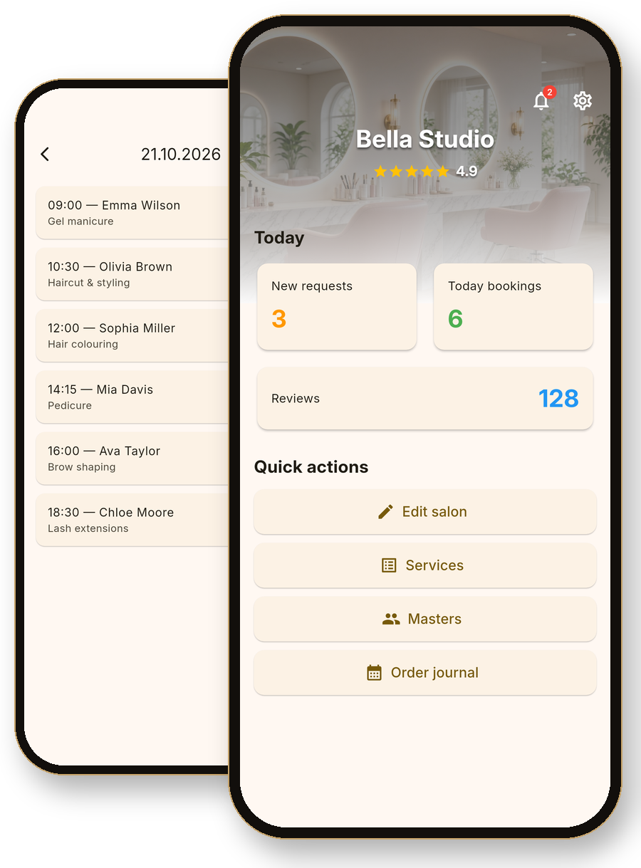 T2B Admin app on a phone: salon home screen and the day’s bookings